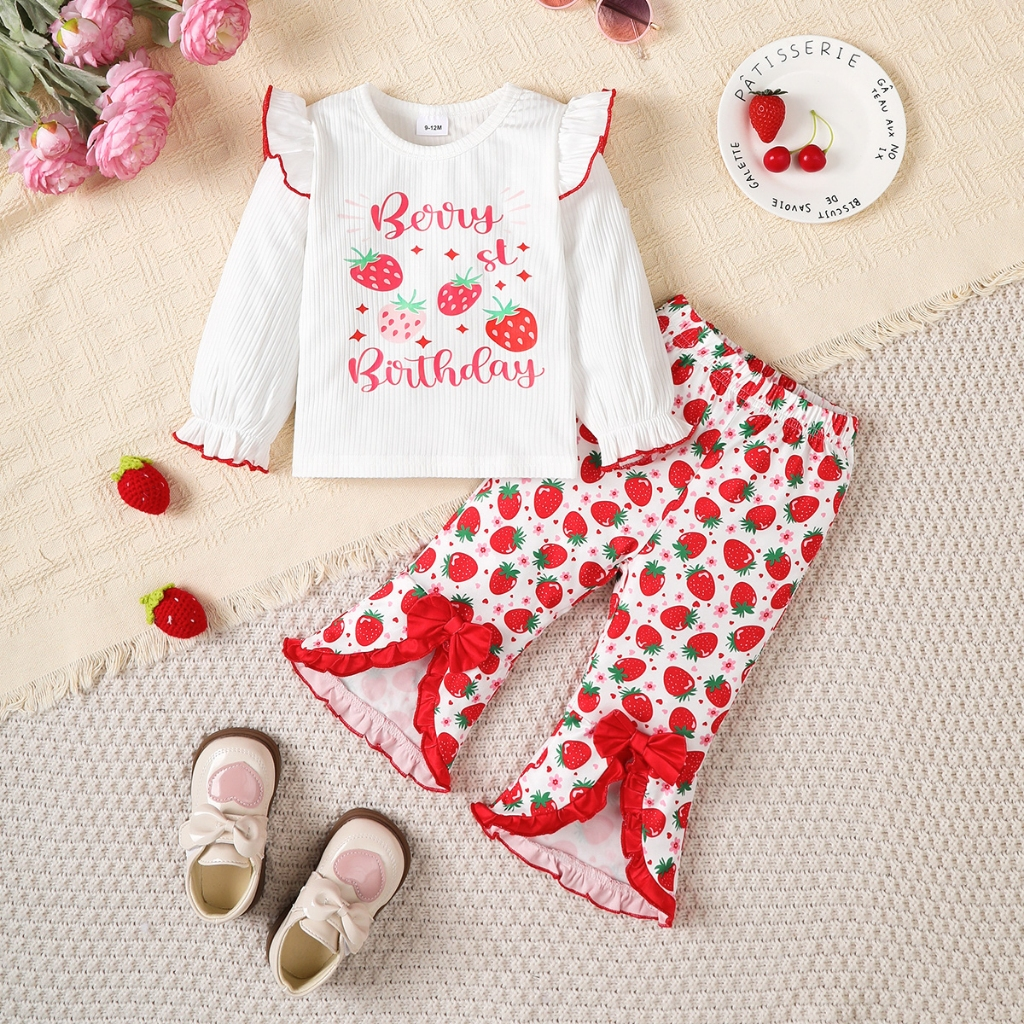 【6M-3Y】 Strawberry Print 2-Piece Set for Baby Girls: Ribbed Ruffle Top with "Berry 1st Birthday" Lettering + White Flare Pants with Bows – Sweet Autumn Outfit