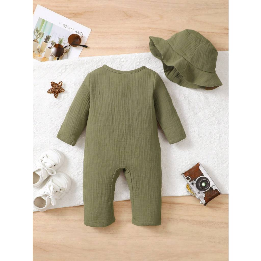 【1-18 Months】Baby Boy 2PCS Simple Solid Romper Set, Long Sleeve Crinkle Cotton Jumpsuit with Matching Bucket Hat, Soft Casual Infant Outfit