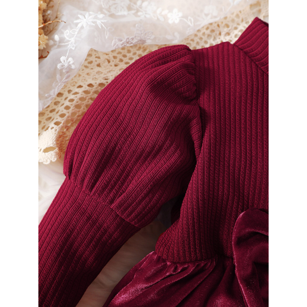 【6M-3Y】 Baby Girl Red Holiday Dress: Puff-Sleeve Ribbed Knit Top + Velvet Skirt with Bow Detail – Christmas & New Year Outfit