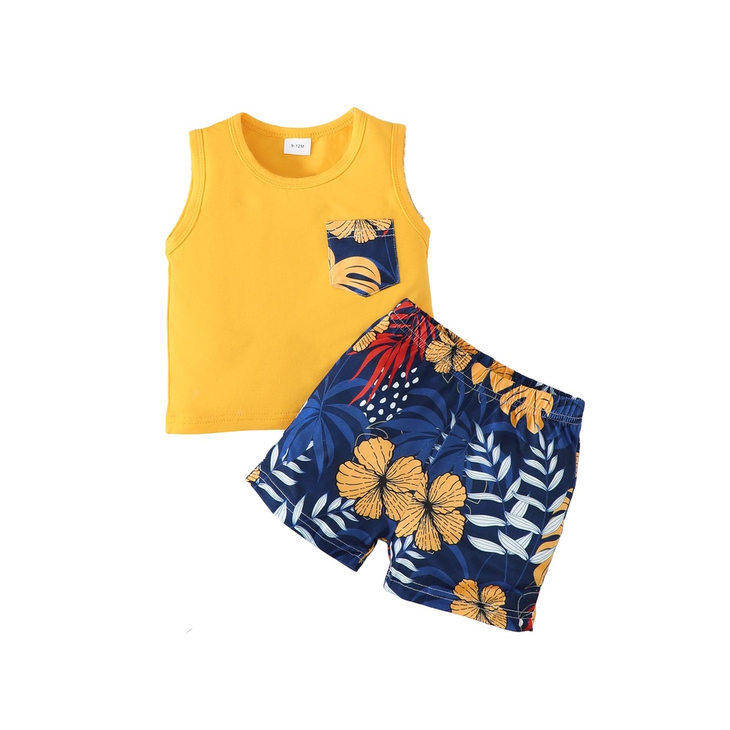 【3-24M】 2Pcs Baby Boy Summer Outfit: Yellow Sleeveless Vest with Floral Pocket + Tropical Floral Print Shorts – Beach Holiday Set