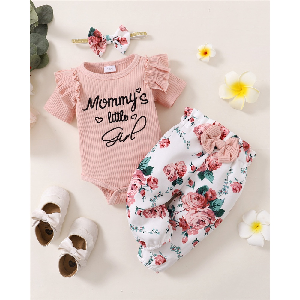 0-18 Months Newborn Baby Girl 3  Clothes  Set  Little Girl Short Sleeve Romper + Flowers Pant With Bowknot Headband Summer Outfit Holiday Style