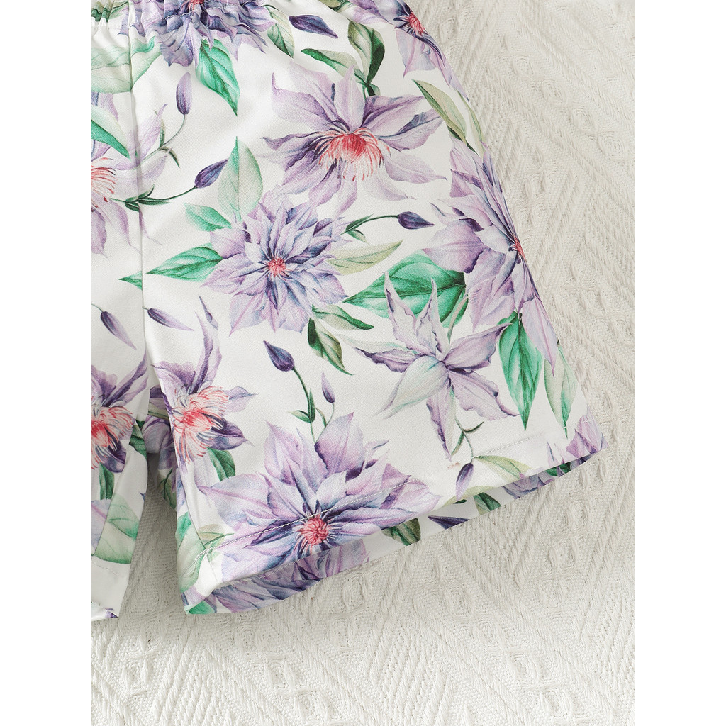 1-8 Years Kids Girl Summer 2pcs Clothing Set Solid Color Purple One Shoulder Tops with Floral Shorts Pastoral Fashion Leisure Style Baby Girl Casual Costumes