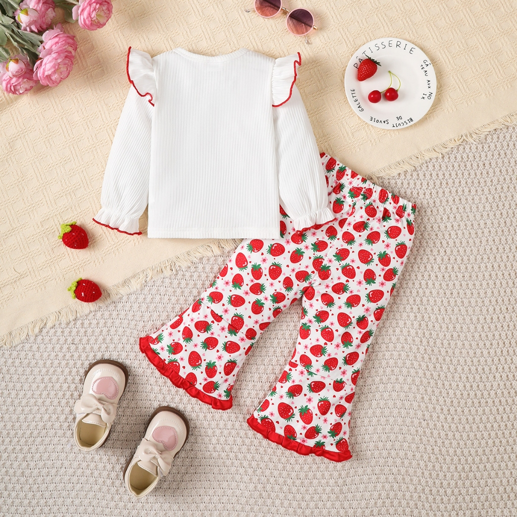 【6M-3Y】 Strawberry Print 2-Piece Set for Baby Girls: Ribbed Ruffle Top with "Berry 1st Birthday" Lettering + White Flare Pants with Bows – Sweet Autumn Outfit