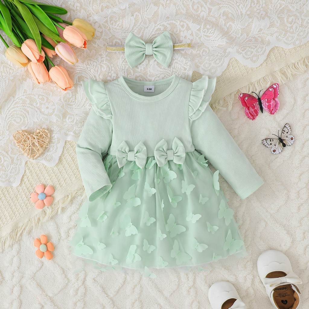 0-3Years Newborn&Toddler Baby Girl Green Butterfly Printed Mesh Dress Thick Long Sleeve Splicing Dress Banquet Dress Princess Dress Holiday