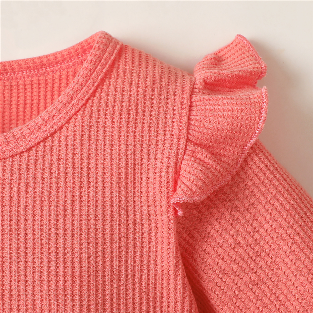 1-6 Years Girls' Sweet Coral Orange Outfit with Ruffled Sleeves & Floral Print Pants, Bowknot Waist, Comfortable Two-Piece Set for Daily Wear & Outdoor Play