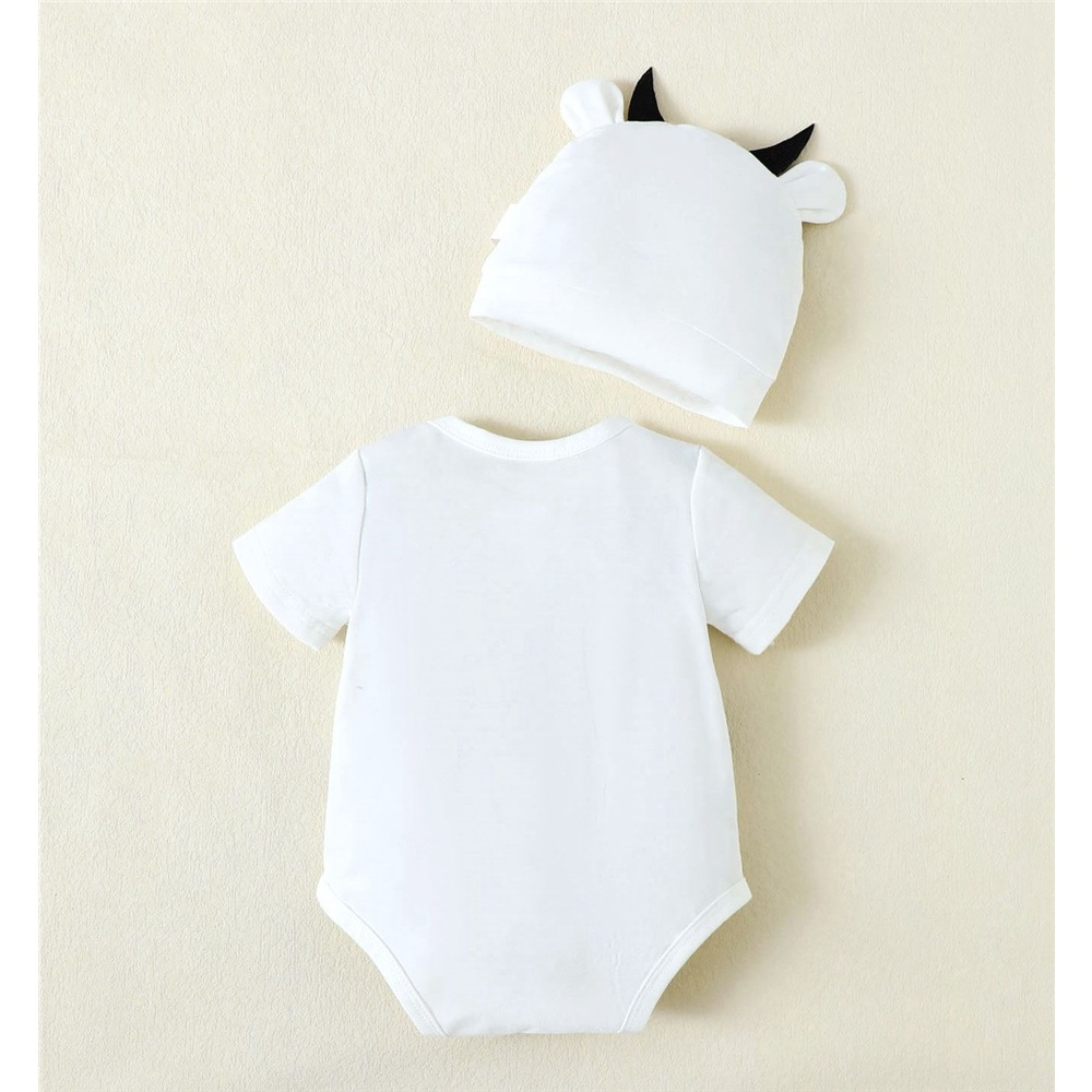 【0-9M】 2PCS Unisex Baby Outfit: Cow Print Short-Sleeve Romper with Matching 3D Cow Hat – Cute Animal Theme Playsuit