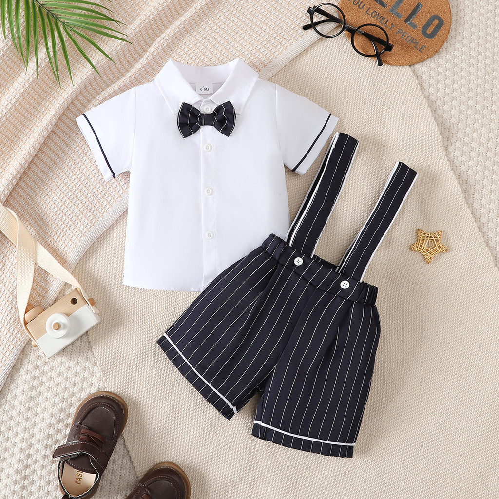 2PCS Gentleman Outfit for 6M-3Y Baby Boys, Old Money Style Short Sleeve Top with Bowtie + Suspender Shorts, Infant Gentleman Clothes Set