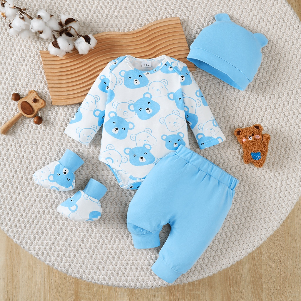 【 0-9 Months 】 Newborn White Bear Hat 3-piece Set | Blue Printed jumpsuit+pants+hat | Baby Full Moon Gift Set | Pure Cotton Newborn Clothing