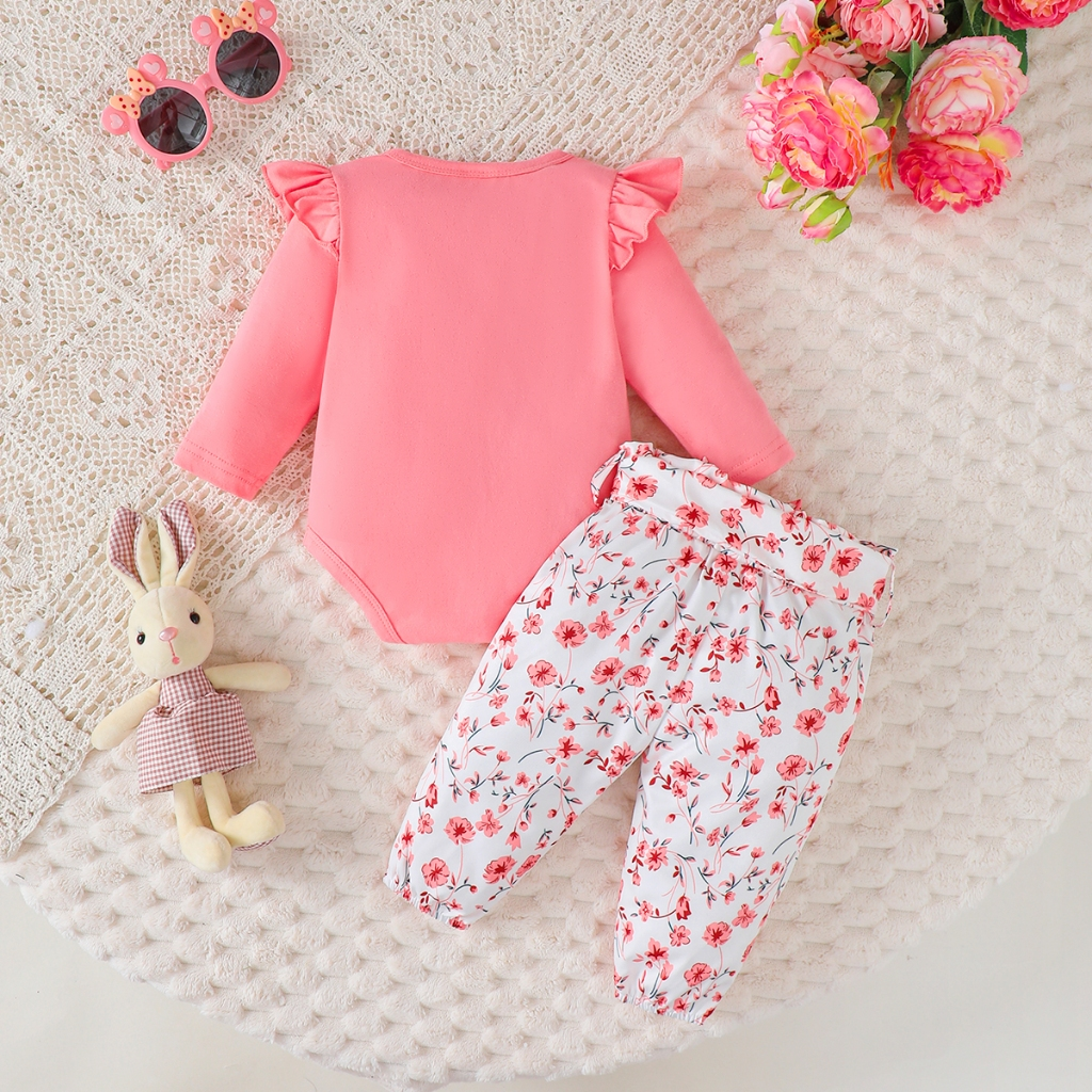 【0-18 Months】 2-Piece Baby Girl Bunny Embroidery Flutter Sleeve Romper + Floral Print Pants - Cute Casual Outfit Set