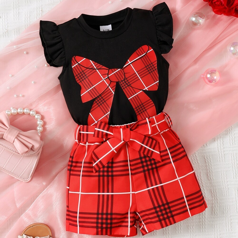3-24 Months Toddlers Baby Girl 2PCS  Suit Set Short Sleeved Black Fly Sleeve Plaid Bow Print Shirt with Shorts Fashion  for Kid Girl Casual Costumes
