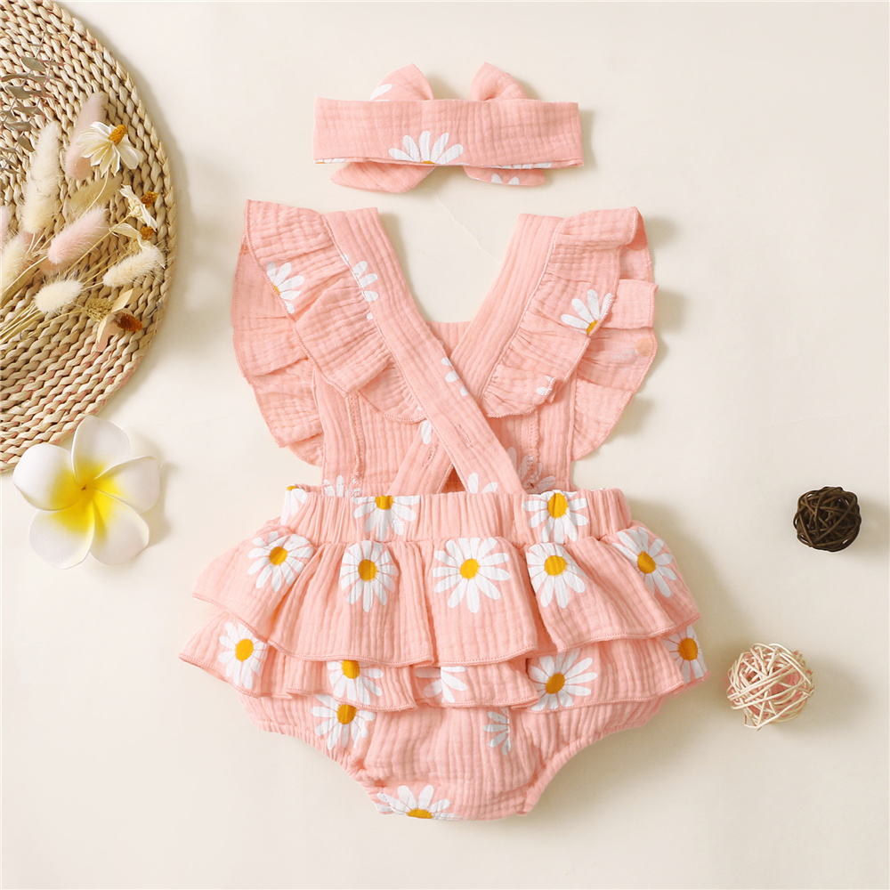 Newborn Baby Girl Romper Ruffle Fly Sleeve Cotton Romper with Headband Floral Print Outfit Clothing