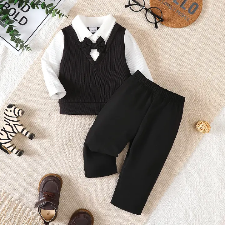 Baby Boys Formal Suit 2Pcs (Shirt + Pants) with Bow Tie for 6M-3Yrs Kids, Black Gentleman Outfit for Wedding/Party/Photoshoot