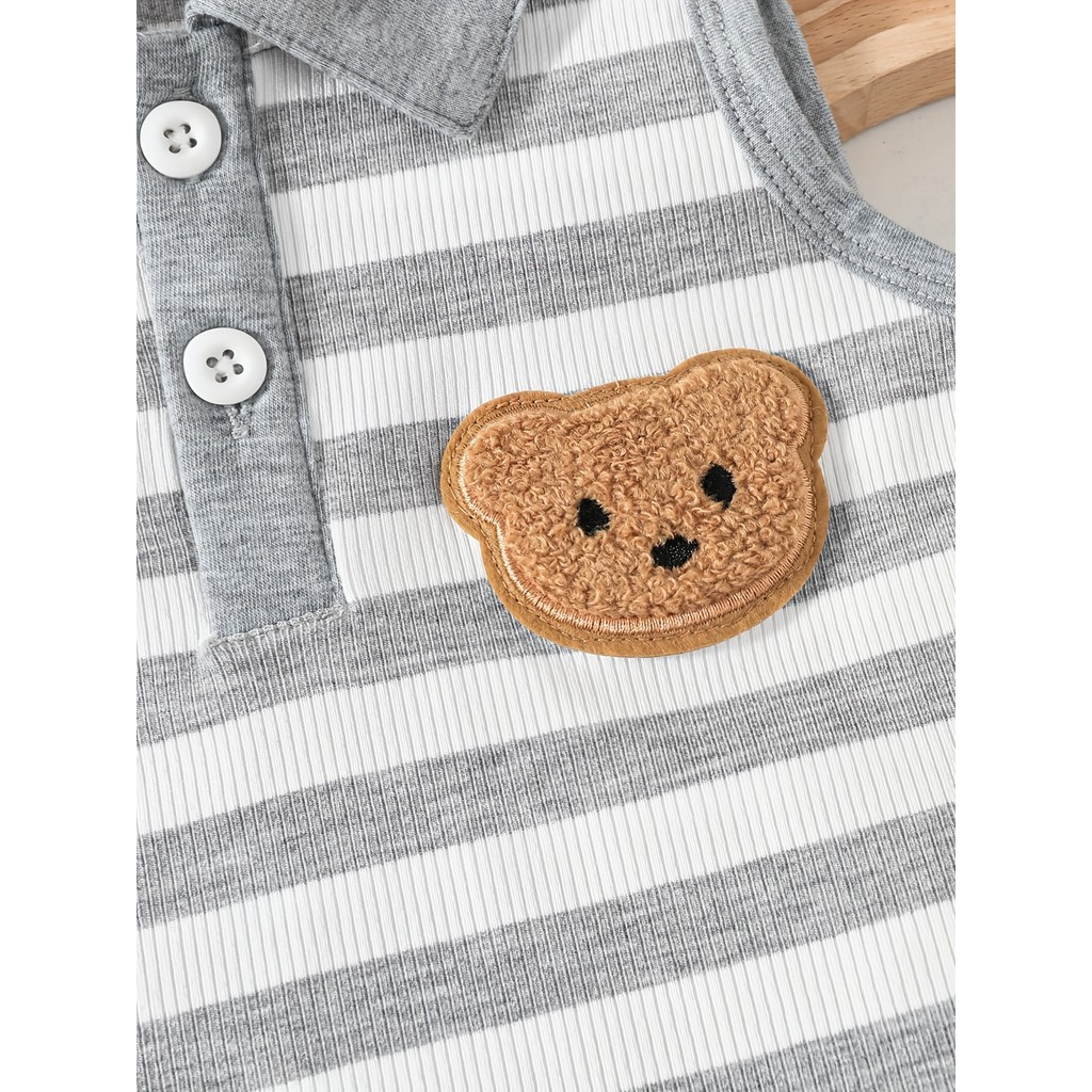 【6M-3Y】 Baby Boys 2-Piece Outfit: Striped Sleeveless Polo Tank with Bear Patch + Solid Knit Shorts – Breathable Summer Vacation Set