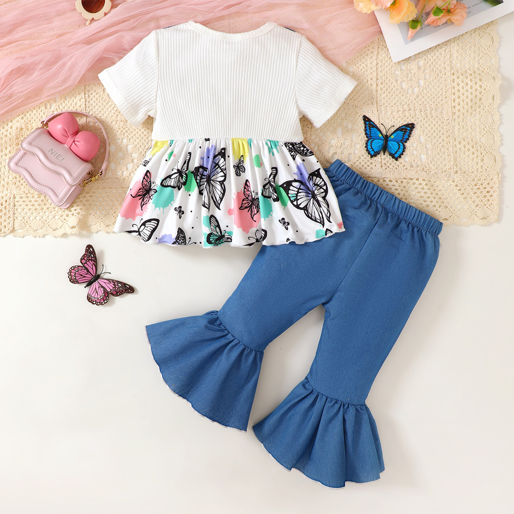 【0-3Years】 Baby Girl 2PCS Clothes Set | Butterfly Print Bow Peplum Top + Blue Denim-Look Flare Pants | Fashion Daily Wear