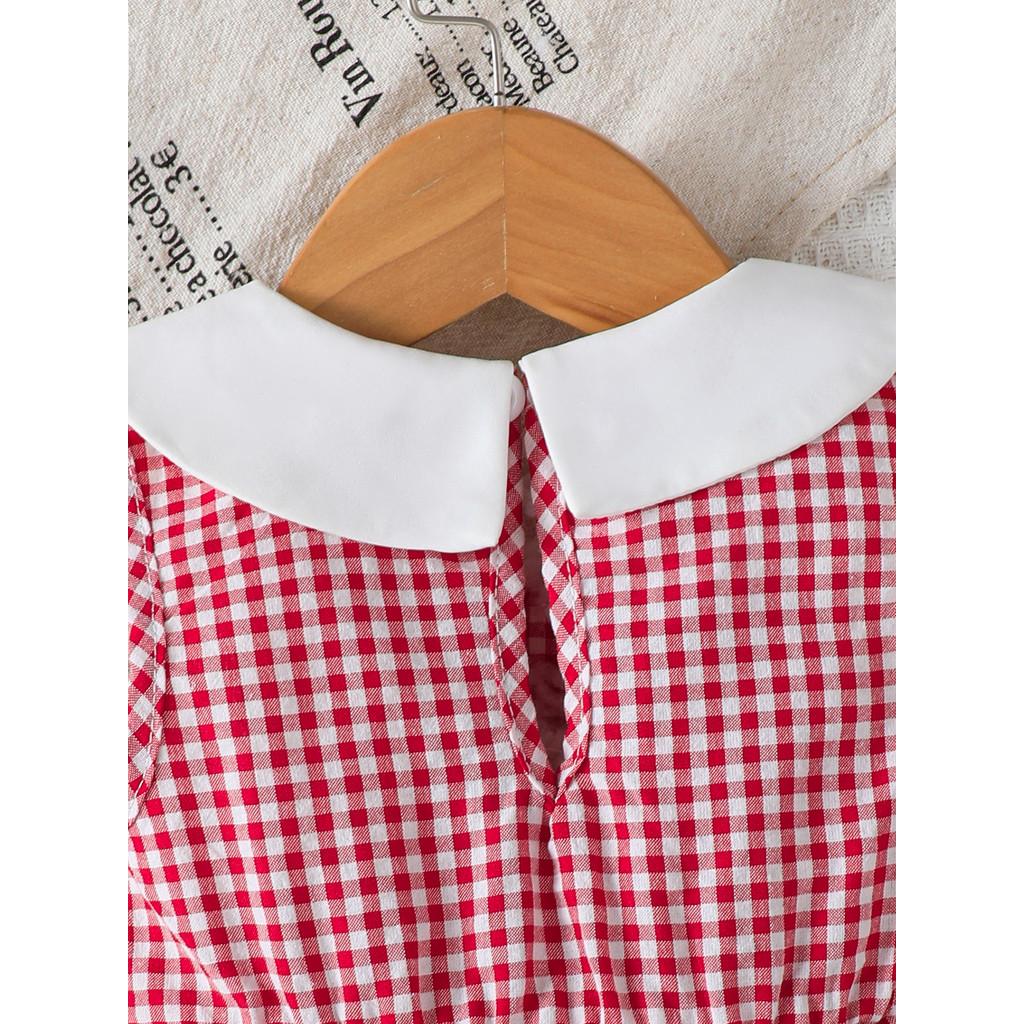 【3-24Months】 Toddler Baby Girls Sleeveless A-Line Dress with Peter Pan Collar & Strawberry Embroidery – Red-White Gingham Spring/Summer Dress