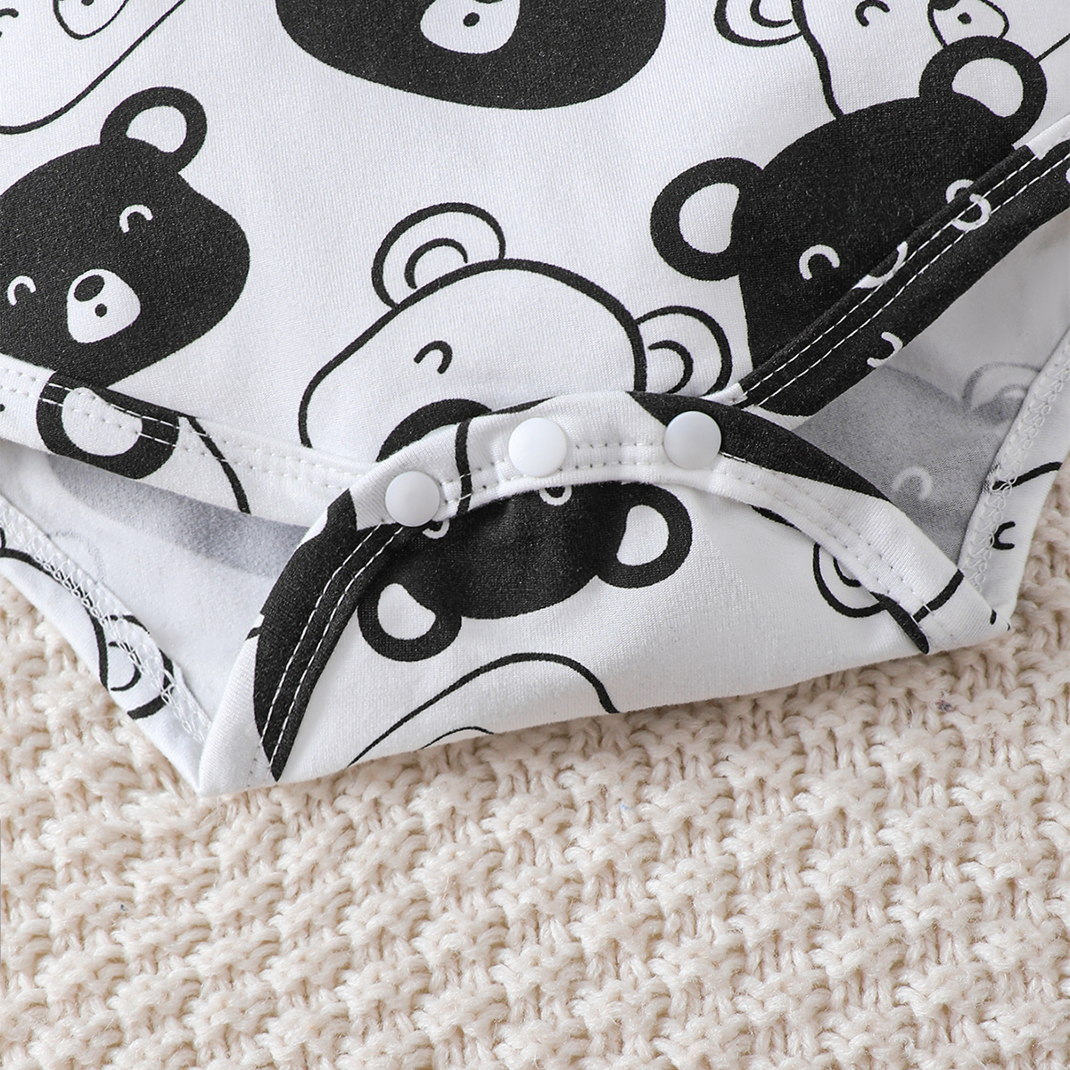 【4PCS】 0-9M Baby Boy Set | Black & White Bear Print Bodysuit + Black Pants + Matching Ear Hat + Booties | Adorable Casual Outfit