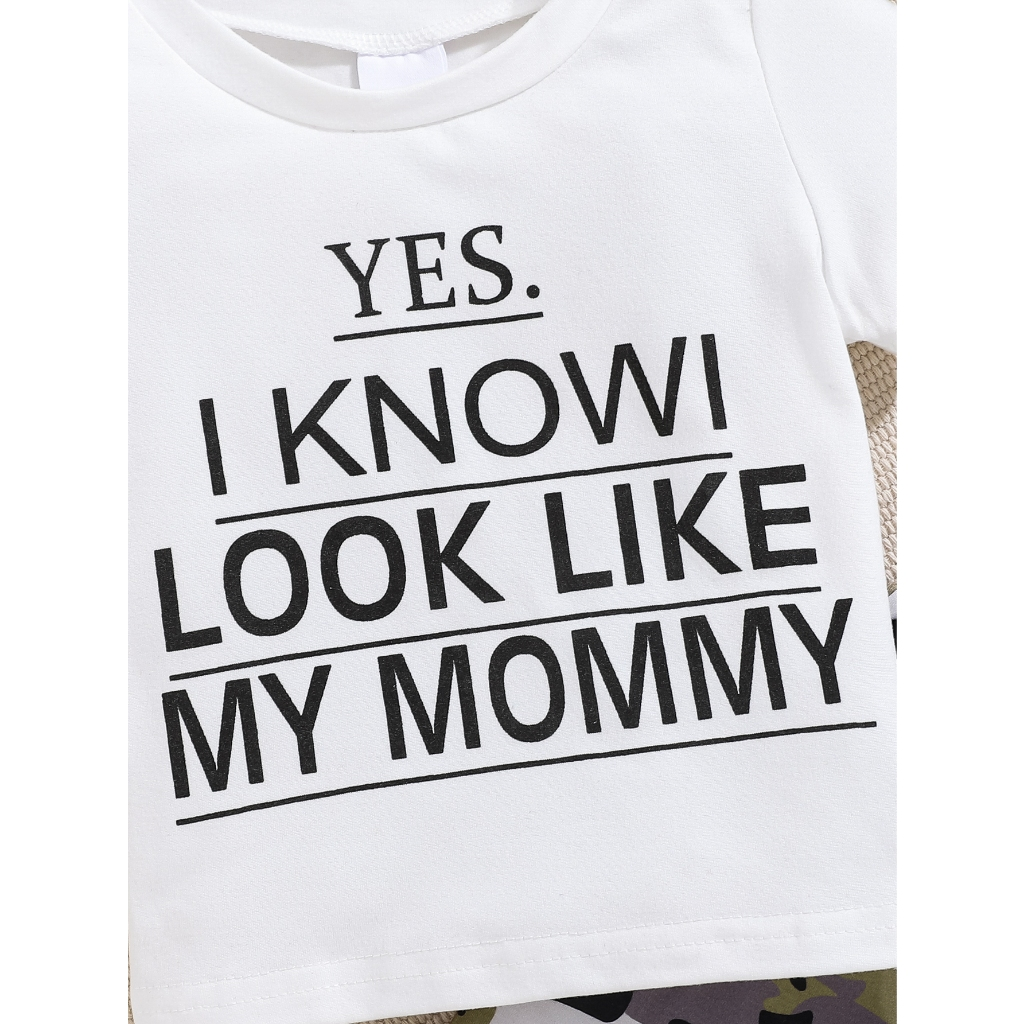 【2PCS】 6-24M Baby Boy Casual Set | "I Look Like My Mommy" Letters Print T-shirt + Camouflage Shorts | Funny Daily Wear