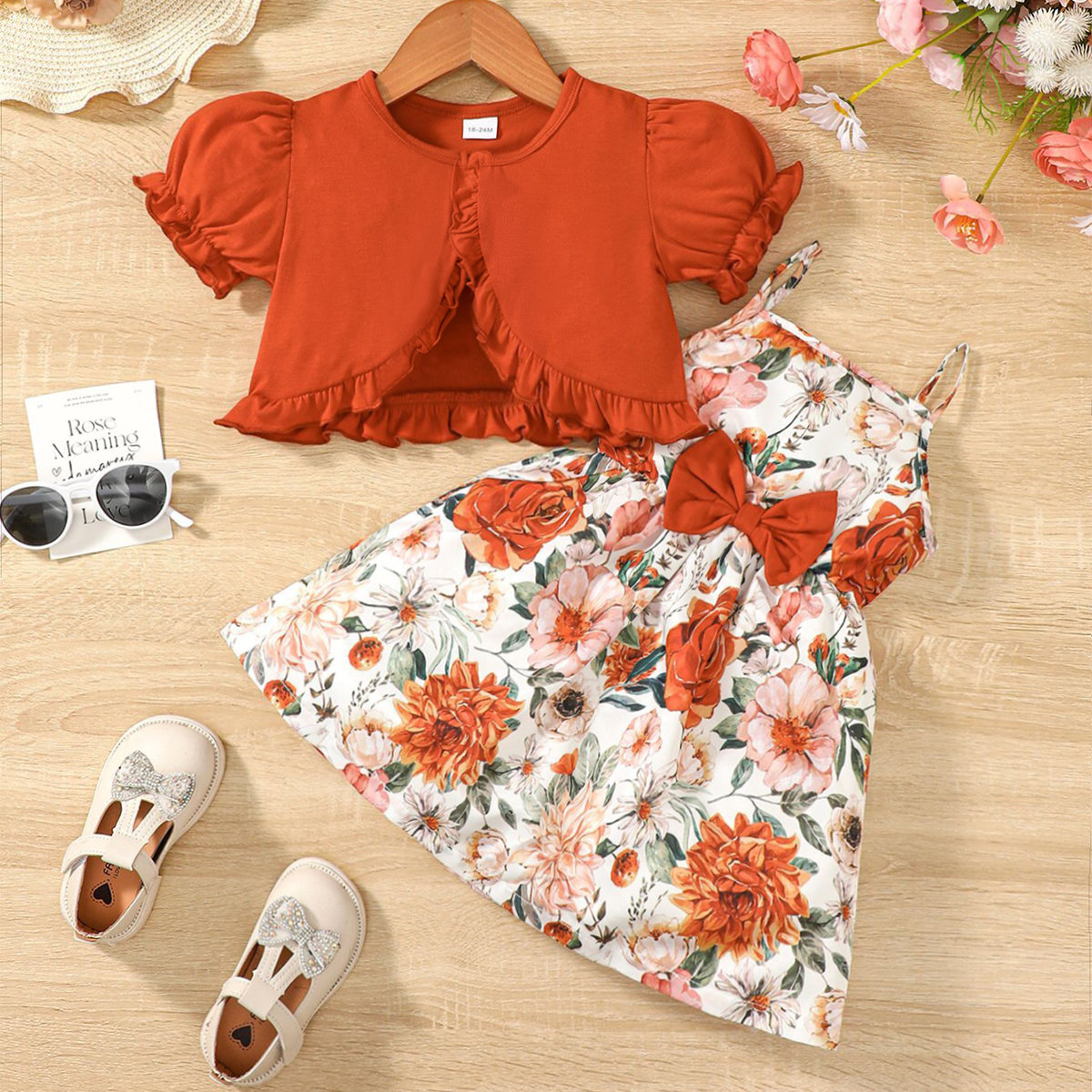 1-6 Years 2PCS Fashion Girl Short Sleeves Solid Top Floral Sling Dresses Summer
