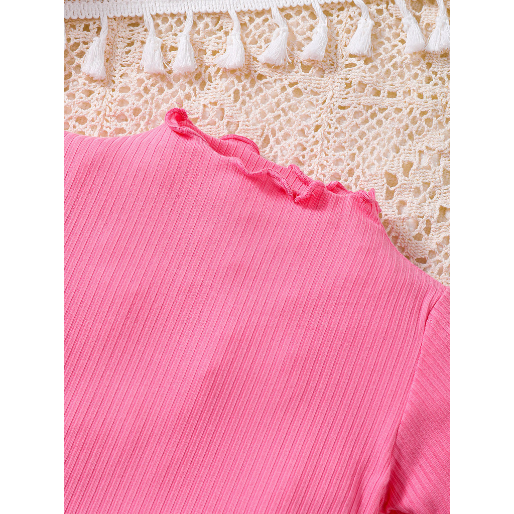 0-3 Years Infant Baby Girl Summer 2pcs Clothing Set Plain Color T-shirt with Shorts Round Neck Floral Edge Design Fashion Simple Sport Style Kid Girl OOTD Soft Outfit
