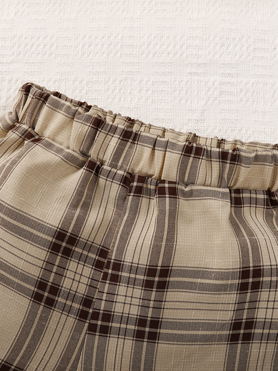 【2PCS】 1-6Y Baby Boy Formal Set | Beige Short Sleeve Shirt + Plaid Shorts with Bow Tie | Gentleman Summer Outfit