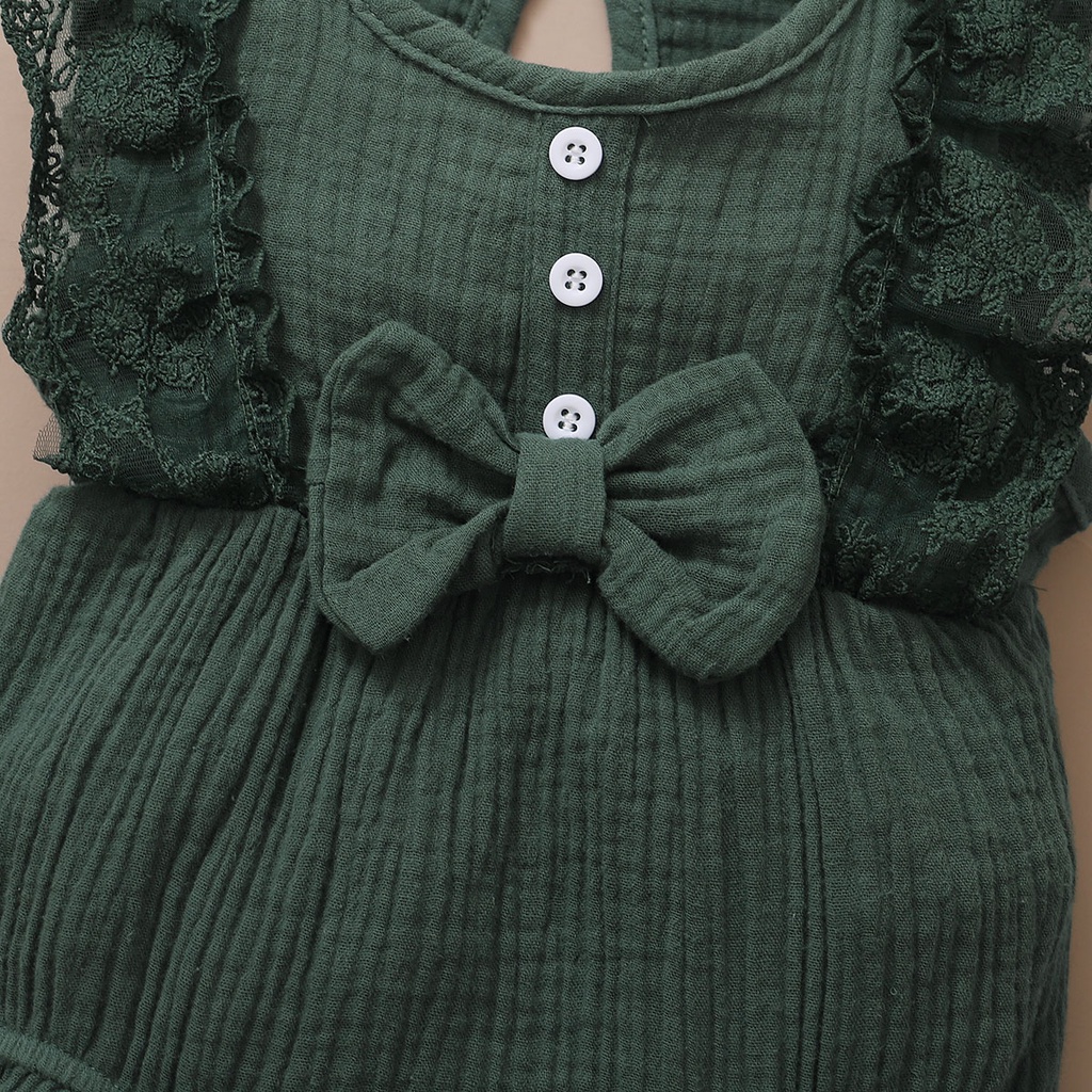 【2PCS】 0-18M Baby Girl Outfit | Dark Green Lace Trim Romper with Bow + Matching Bow Headband | Stylish Newborn Set