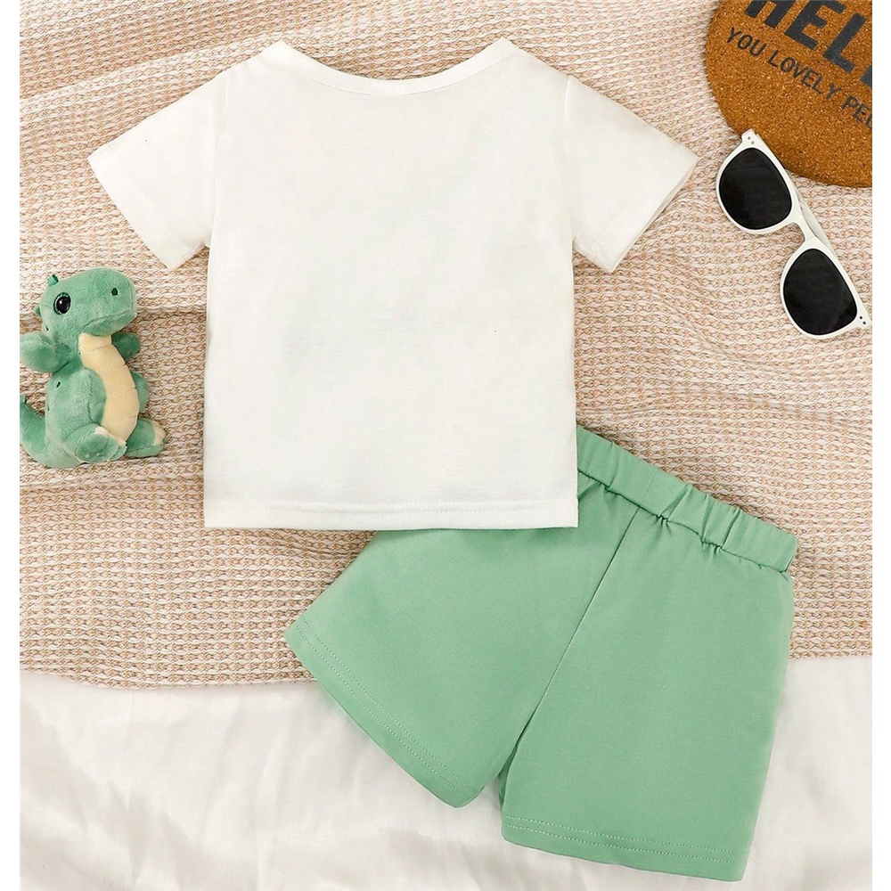 【2PCS】 6M-3Y Baby Boy Summer Outfit | Dinosaur Print T-Shirt + Solid Green Shorts | Cute Cartoon Set
