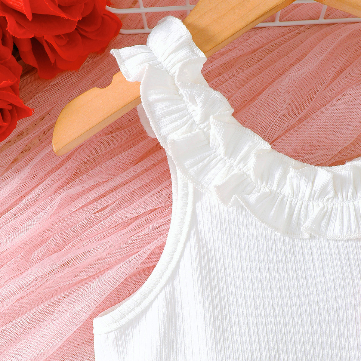 【2PCS】 4-7Y Toddler Girl Summer Set | White Ruffle Neck Tank Top + Red Heart Print Skirt with Bow | Cute Heart Outfit