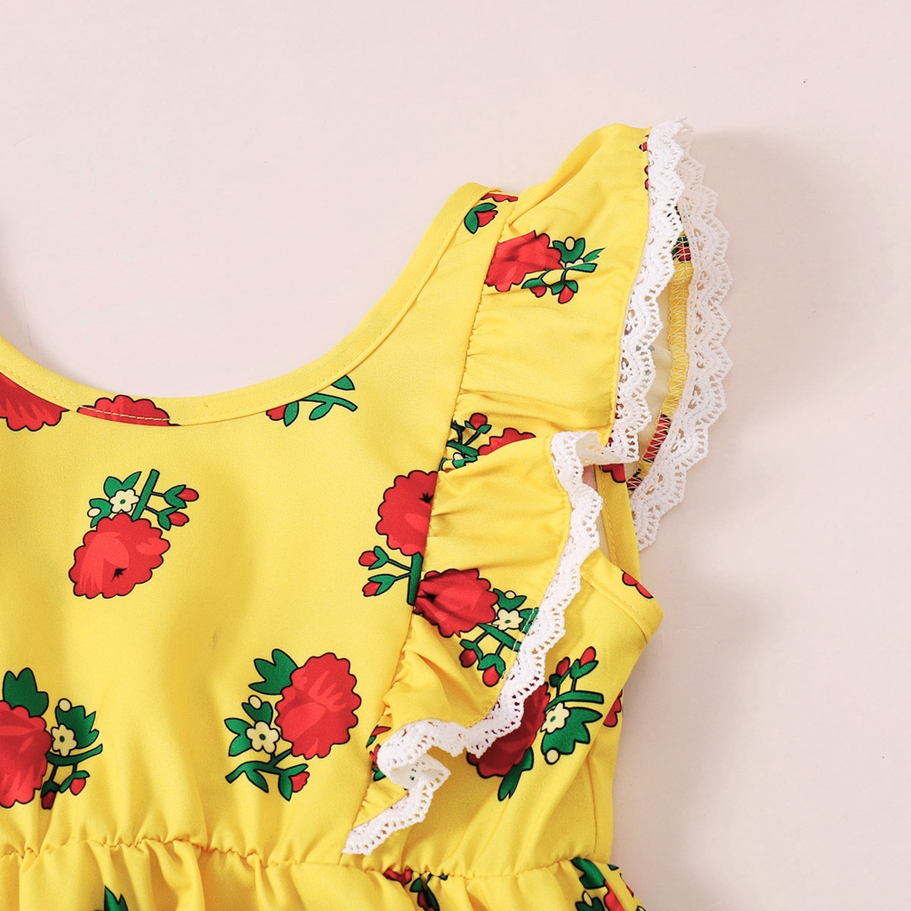 【2PCS】 12M-5Y Toddler Girl Outfit | Yellow Rose Print Lace Trim Dress + Matching Bow Headband | Casual Summer Set