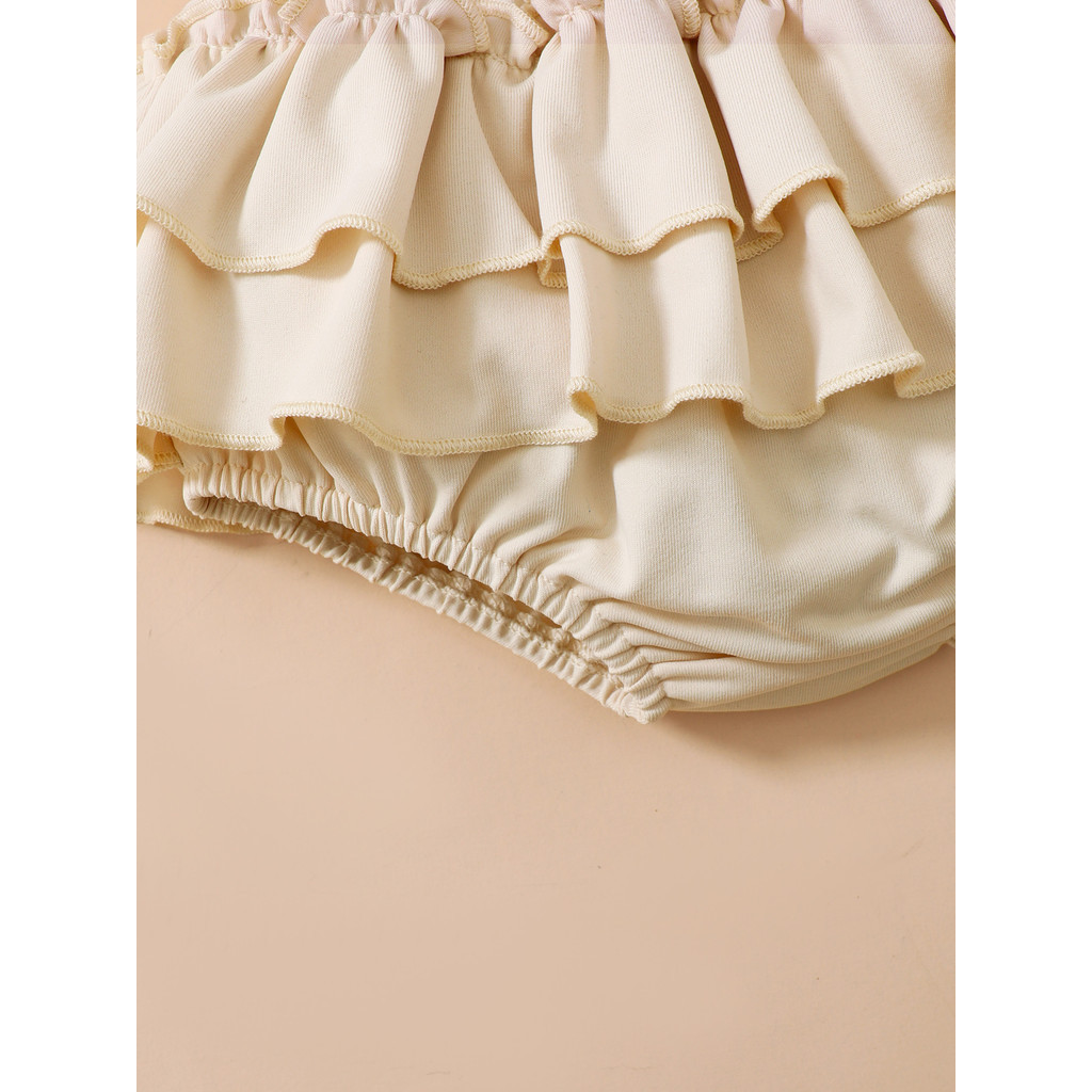 【2PCS】 6M-3Y Baby Girl Set | Cream Ruffle Neck Tank Top + Tiered Ruffle Bloomer Skirt | Casual Cute Outfit