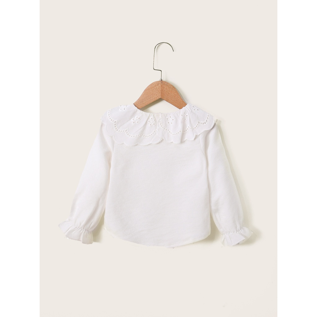 【1-6Y】 Toddler Girl Casual Top | White Lace Eyelet Peter Pan Collar Long Sleeve Blouse with Ruffle Cuffs | Sweet Daily Wear