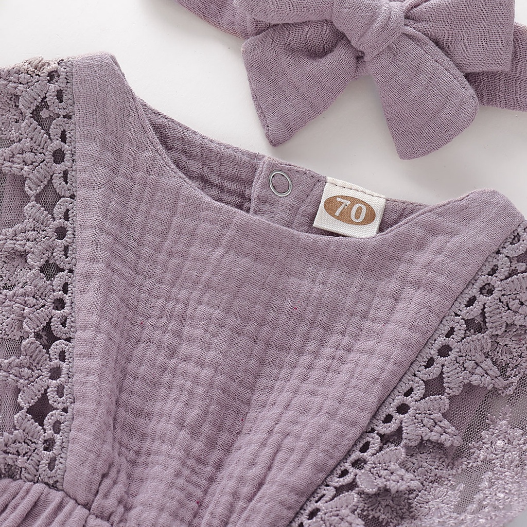 【2PCS】 0-18M Baby Girl Romper Set | Greyish Purple Lace Trim Jumpsuit + Matching Headband | Casual Newborn Wear