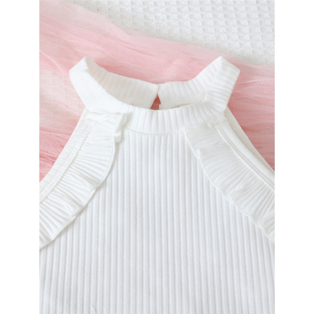 【2PCS】 0-3Y Baby Girl Halter Neck Dress | White Ribbed Ruffle Top + Khaki Skirt | Fashion Casual Summer Outfit