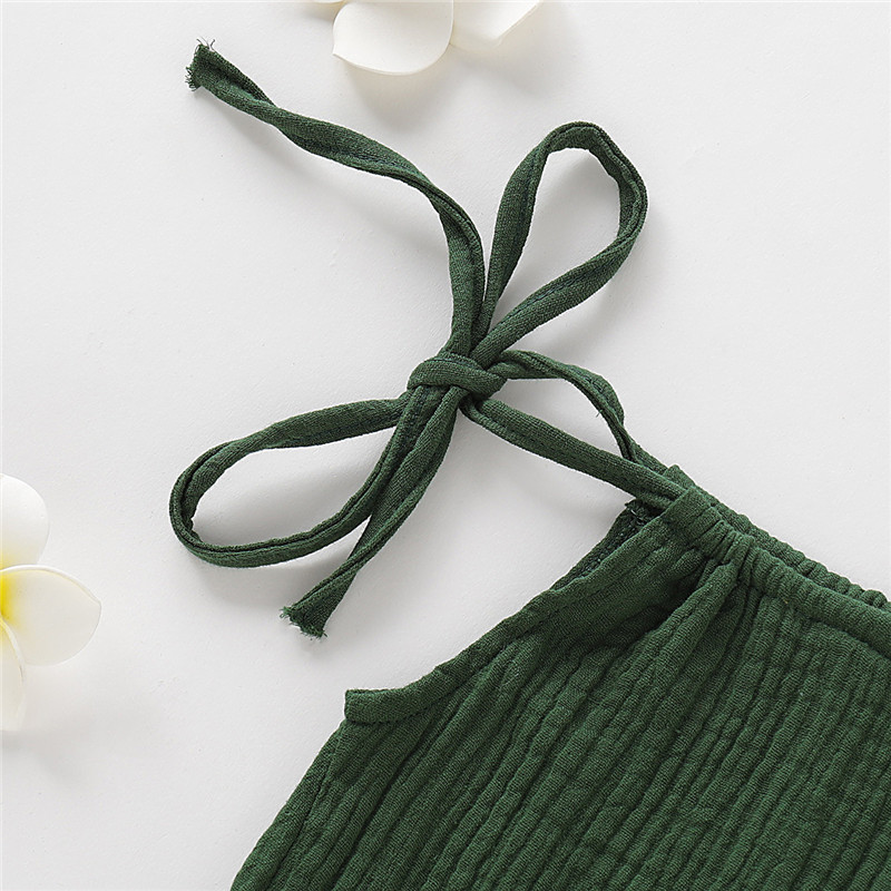 【12M-5Y】 Toddler Girl Casual Dress | Green Crinkle Halter Neck Dress with Tie Straps | Simple Summer Wear