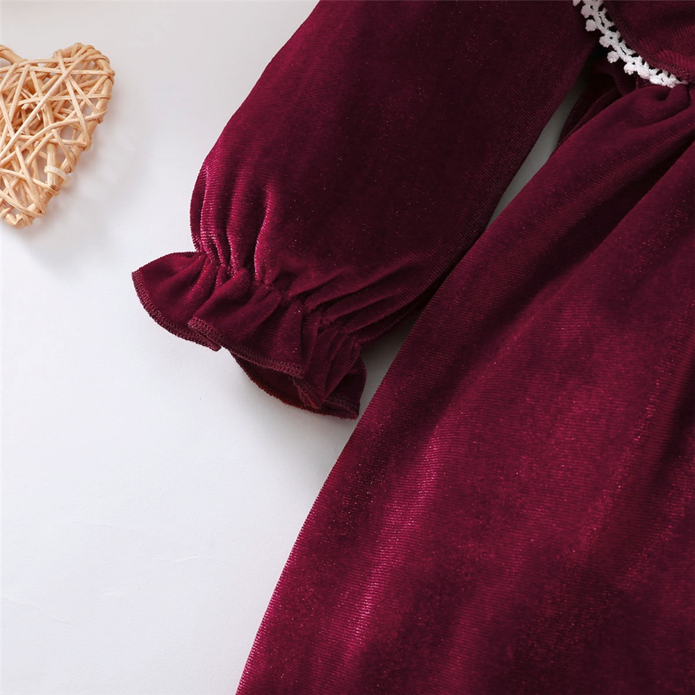 Catpapa girl | 【3-18M】 Toddler Girl Velvet Dress | Wine Red Long Sleeve Dress with Lace Ruffle Trim | Elegant Party Outfit | 3 months baby girl dress | Kids fancy dresses | Baby girl dresses