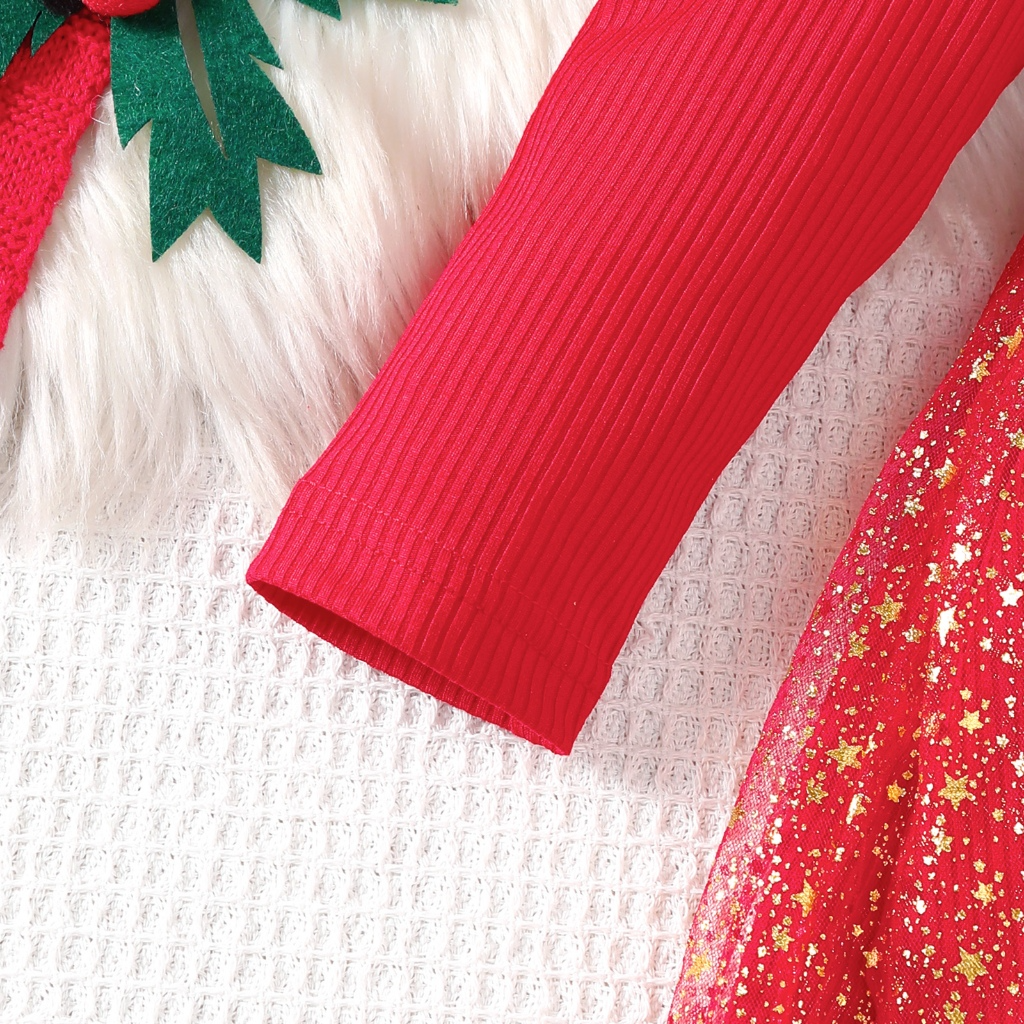 【2-6Y】 Toddler Girl Christmas Dress | Red Ribbed Long Sleeve Dress with Glitter Star Tulle Skirt | Festive Holiday Outfit
