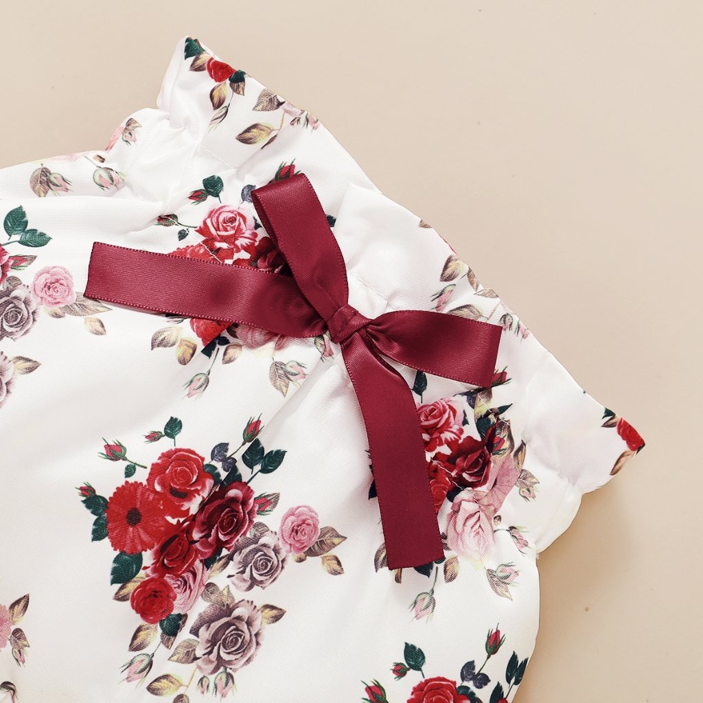 【3PCS】 0-18M Baby Girl Set | Maroon Ribbed Ruffle Bodysuit + Rose Print Pants + Matching Bow Headband | Elegant Casual Outfit
