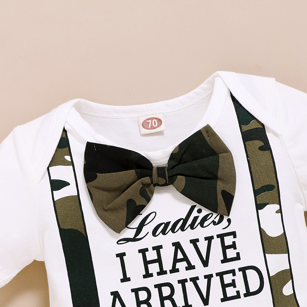 【3PCS】 0-18M Baby Boy Formal Set | "Ladies I Have Arrived" Letters Print Romper + Camouflage Pants + Matching Hat | Party Casual Wear