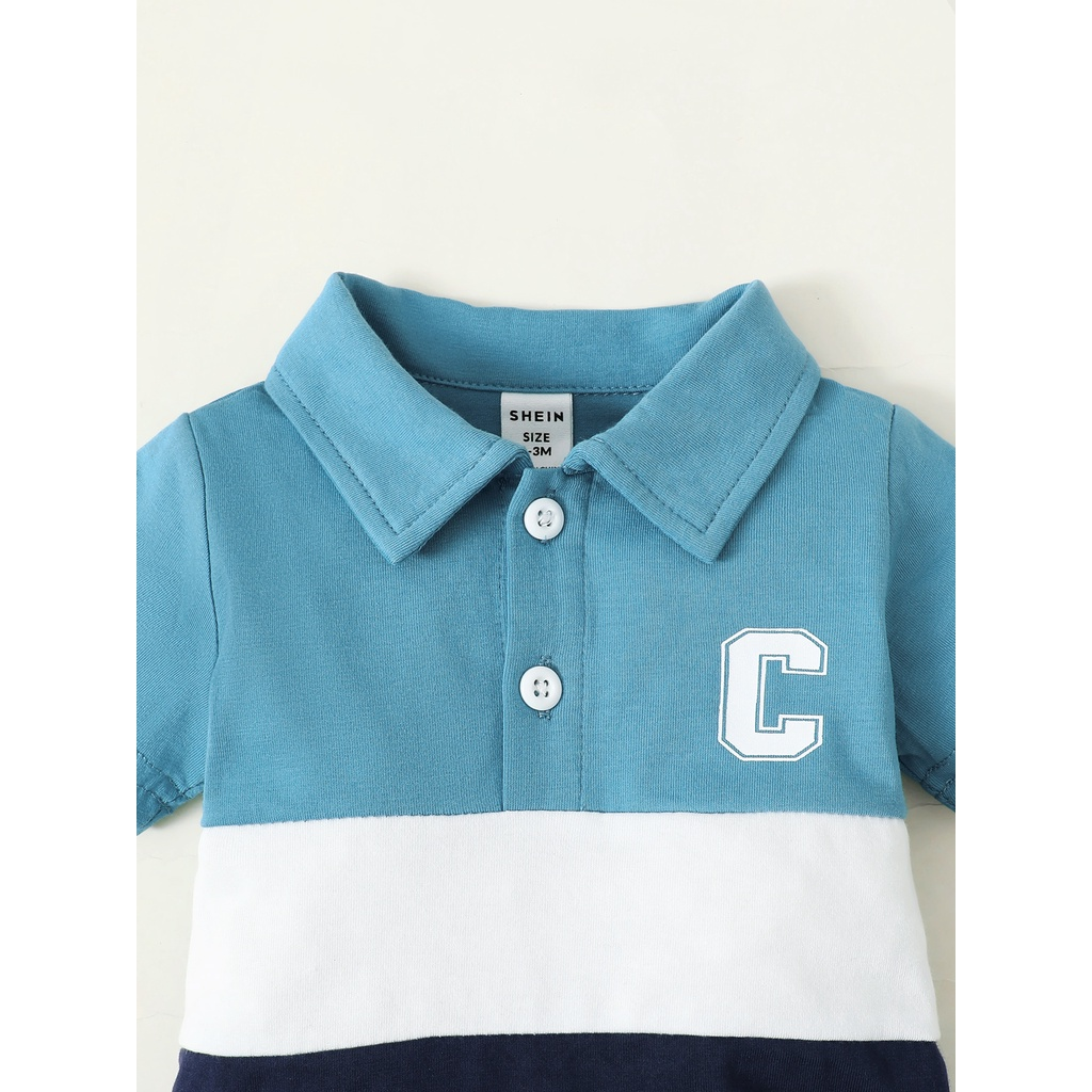 Catpapa boy |【0-9M】 2PCS Baby Boy Summer Outfit: Color-Block Polo Romper with Letter Embroidery + Matching Color-Block Shorts – Casual Set | Boys clothes fashions | BabyClothing