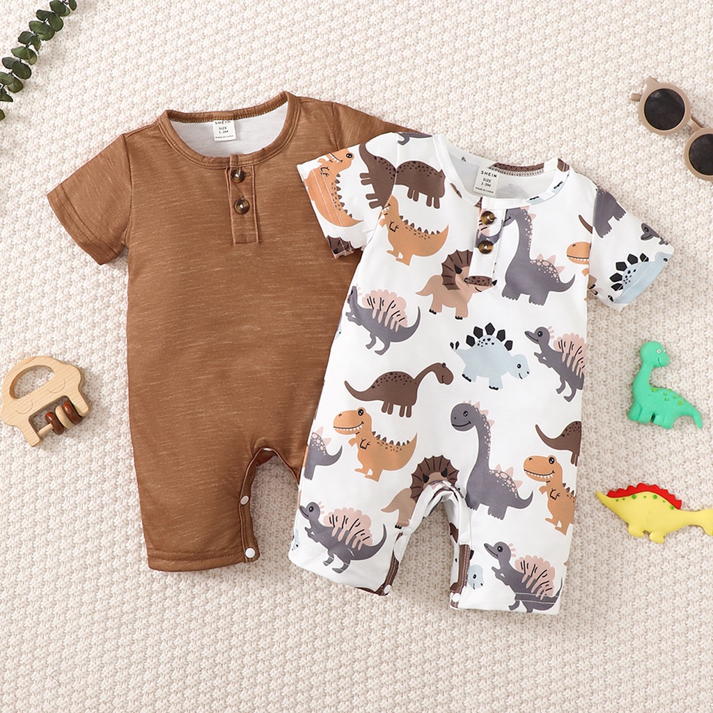 Catpapa boy |【3-24M】 2PCS Unisex Baby Romper Bundle | Plain Brown Romper + Dinosaur Print Short Sleeve Jumpsuit | Casual Summer Set | Babies dress | Cute baby dresses | BabySuit | BabyBodysuit