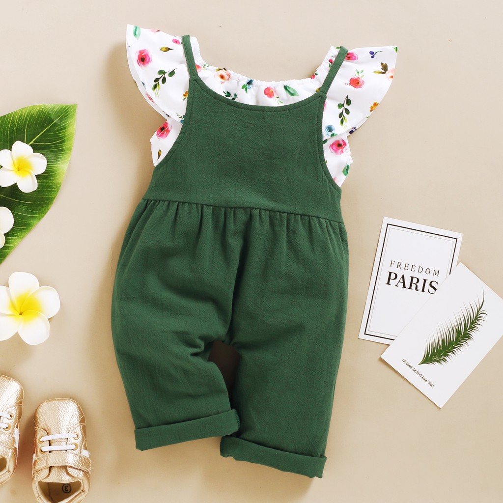 【2PCS】 12M-5Y Toddler Girl Summer Outfit | Floral Off-Shoulder Top + Green Overalls Pants | Casual Two-Piece Set