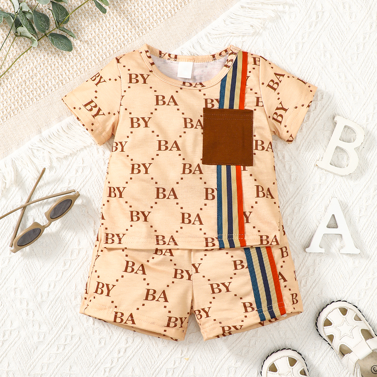 【0-3Y】 2PCS Toddler Boy Outfit | Allover Letter Print T-shirt with Contrast Pocket + Striped Shorts | Trendy Light Luxury Style Set