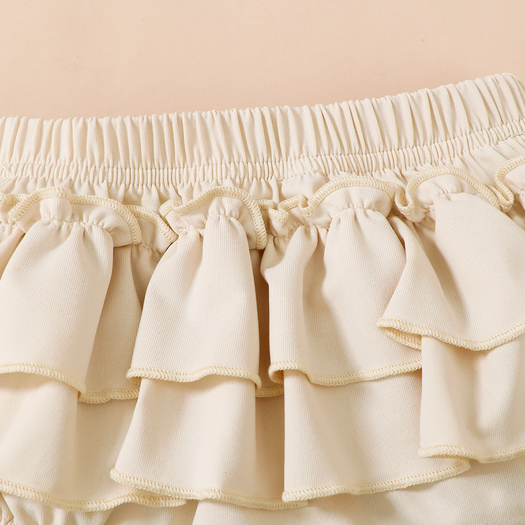 【2PCS】 6M-3Y Baby Girl Set | Cream Ruffle Neck Tank Top + Tiered Ruffle Bloomer Skirt | Casual Cute Outfit
