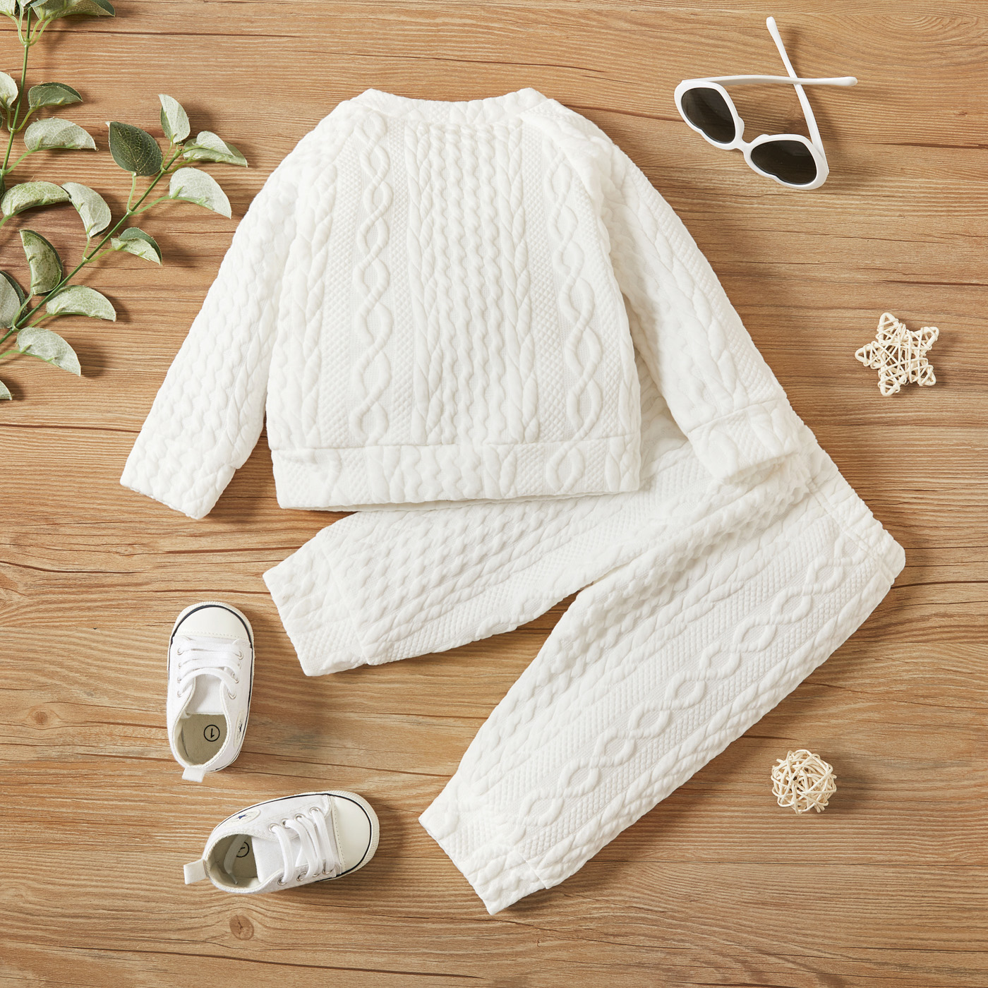 【2PCS】 0-3Y Baby Casual Set | White Quilted Sweatshirt + Matching Pants | Cozy Daily Outfit