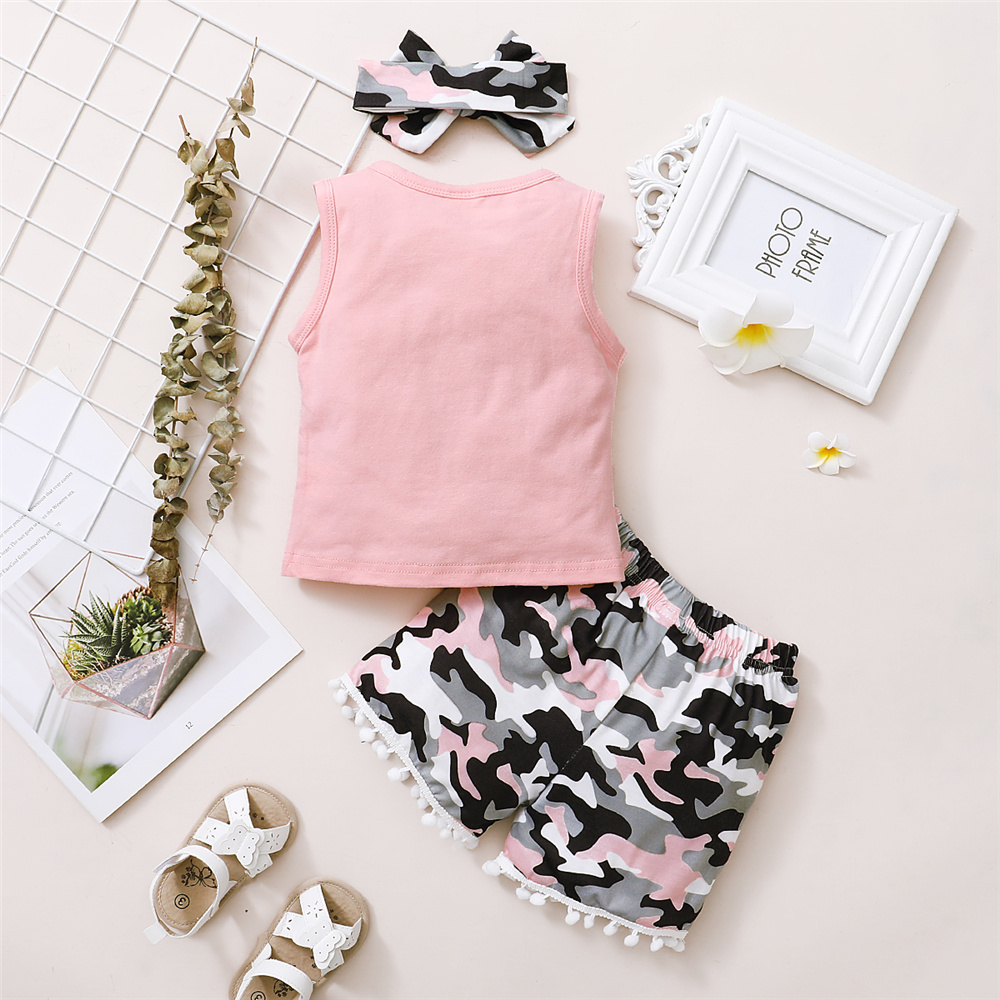 【3PCS】 12M-5Y Baby Girl Clothes Set | "Little Miss Sassy Pants" Letters Print Tank Top + Camouflage Pom Pom Shorts + Bow Headband | Trendy Summer Set