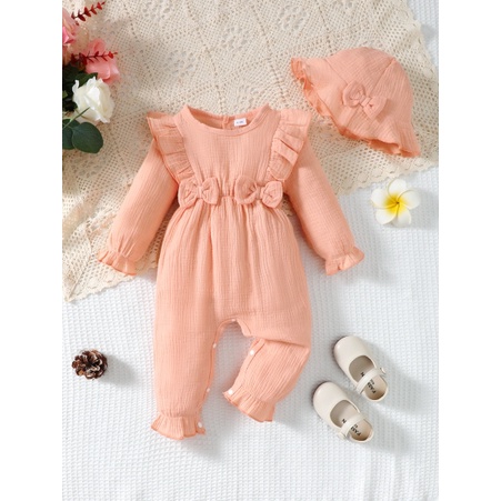 0-4Y Girls' Ruffle Bow Crinkle Cotton Romper & Hat Set | Soft Long-Sleeve Outfit, for Daily Wear & Photoshoots, Baby Girls