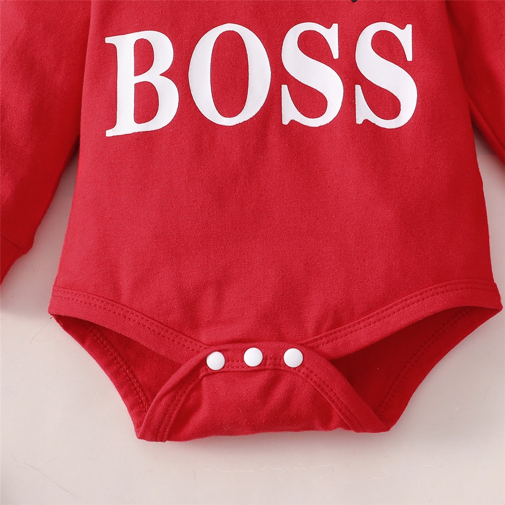 Catpapa boy |【2PCS】 0-24M Baby Boy Outfit | Red "Little Boss" Print Hooded Romper + Matching Pants | Trendy Casual Wear | Babies dress | Cute baby dresses | Boys clothes fashions