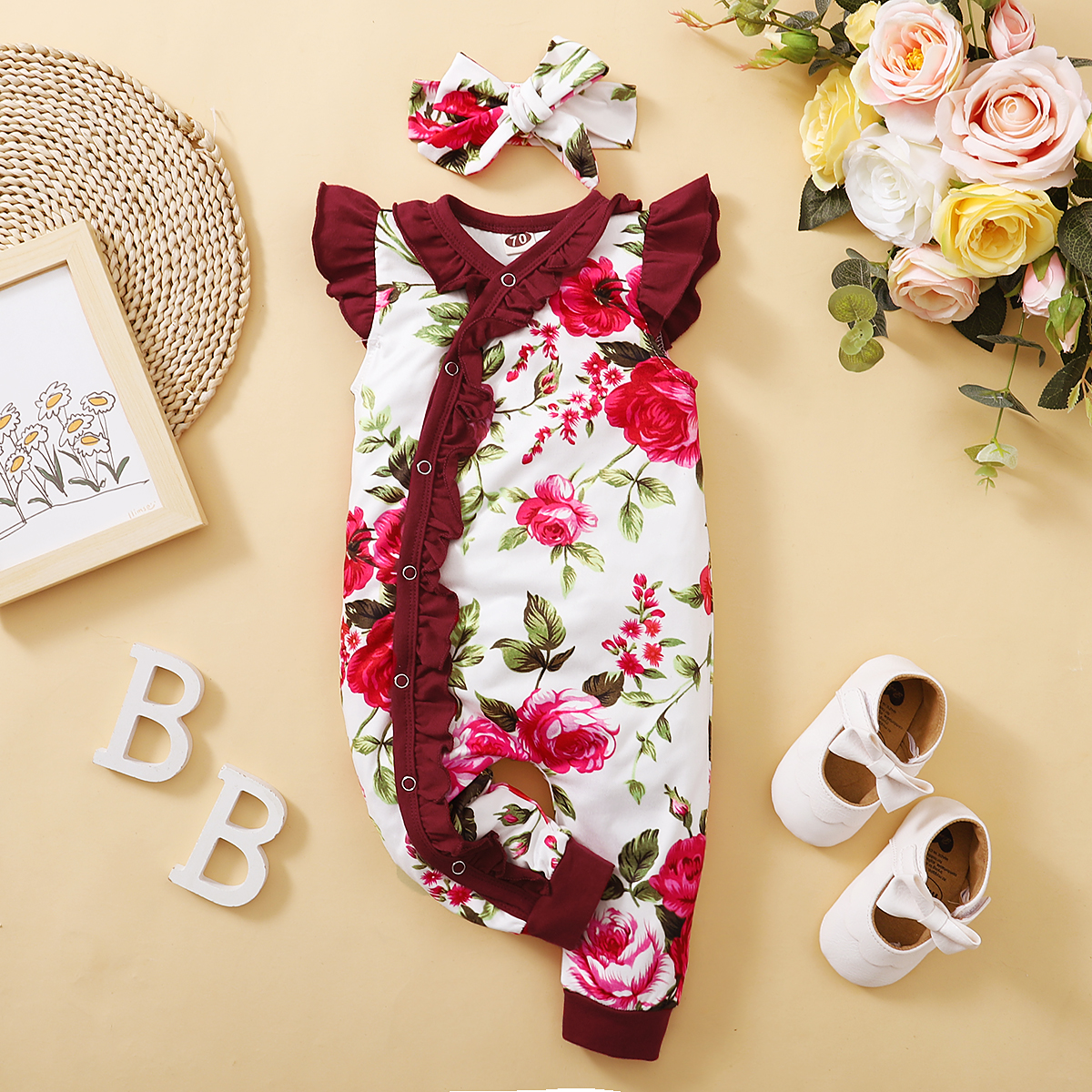 0-4Y Girls' Floral Print Ruffle Romper & Headband Set | Soft Sleeveless Jumpsuit, for Daily Wear & Photoshoots, Baby Girls
