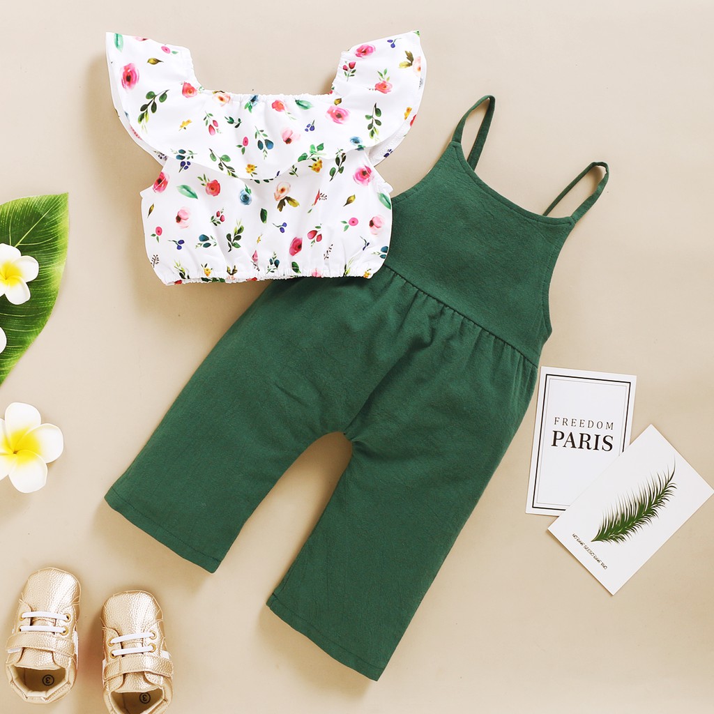 【2PCS】 12M-5Y Toddler Girl Summer Outfit | Floral Off-Shoulder Top + Green Overalls Pants | Casual Two-Piece Set
