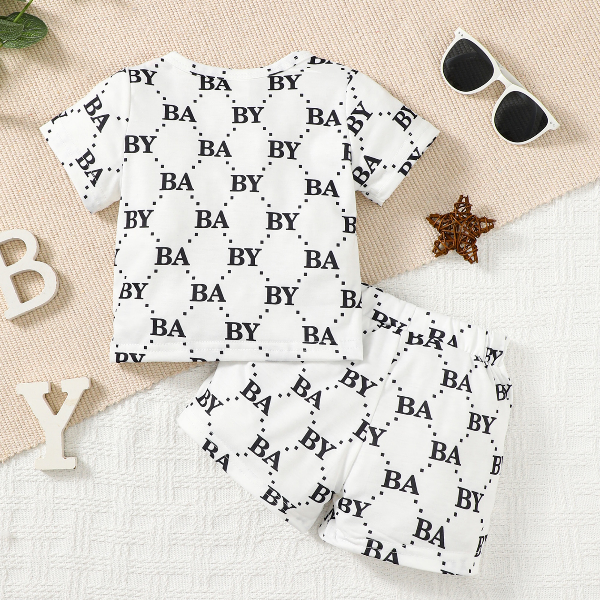 【2PCS】 6M-3Y Baby Boy Set | Letter Print T-Shirt with Colorful Stripes + Matching Shorts | Stylish Casual Wear