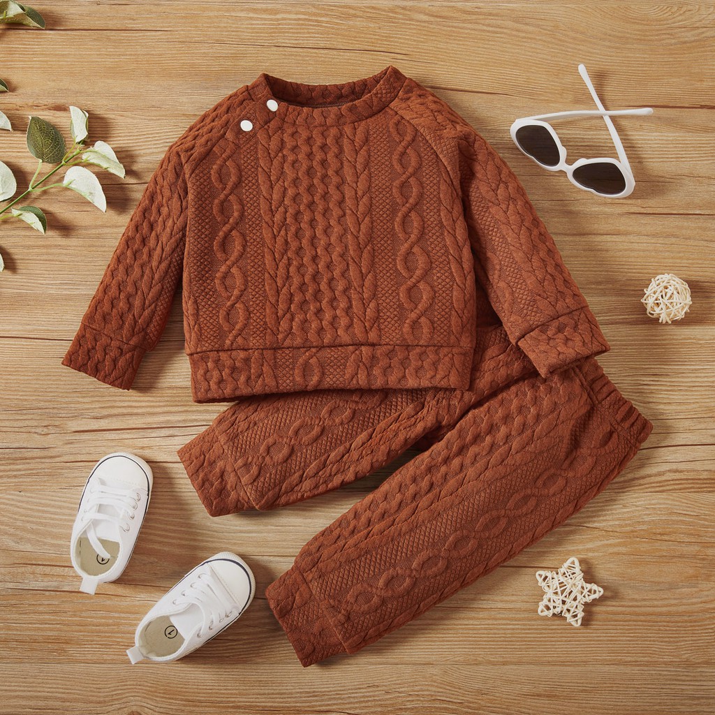 Catpapa boy |【2PCS】 0-3Y Toddler Unisex Outfit | Brown Cable Knit Texture Sweatshirt + Pants | Casual Winter Wear | Boys clothes fashions | Two piece set for kids boys | Babies dress